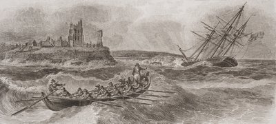 Rettungsboot rudert zur Rettung eines sinkenden Segelschiffs, graviert von Thomas Milton (1743-1827) 1820 von William Anderson